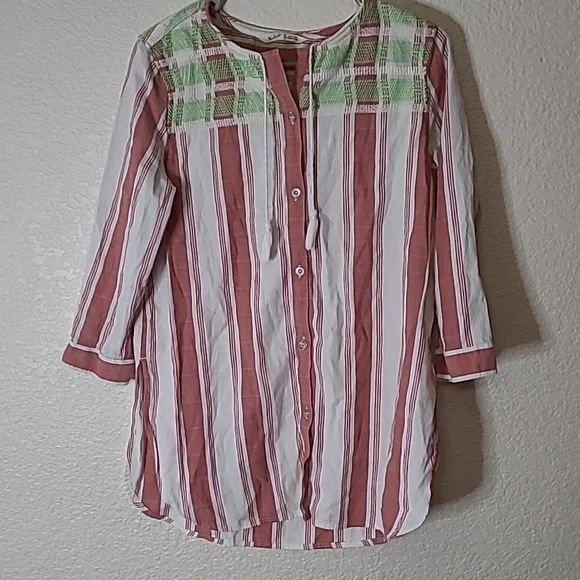 WOOLRICH Dark Pink White Striped Green Embroidered Top organic cotton Medium - Picture 3 of 8